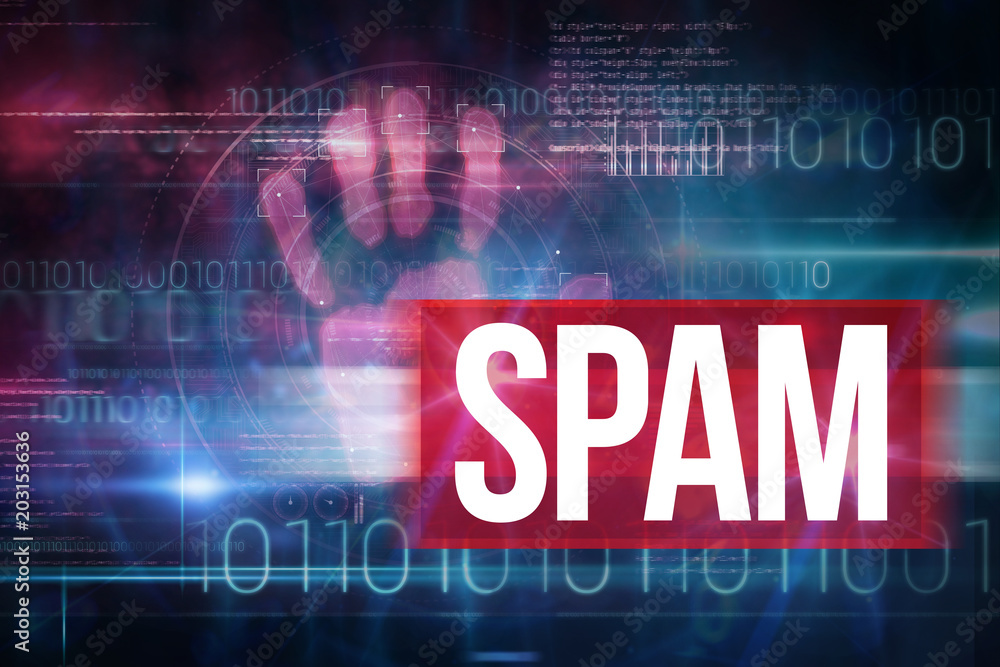 The word spam and pink technology hand print interface design against blue technology design with binary code The word spam and pink technology hand print interface design against blue technology design with binary code