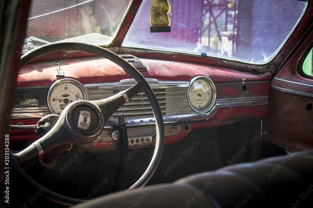 Fototapeta premium Havana Cuba. February 11, 2018. interior of an old American car of the 50s. Concept of nostalgia