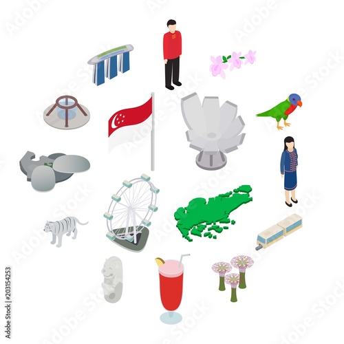Singapore icons set in isometric 3d style isolated on white background