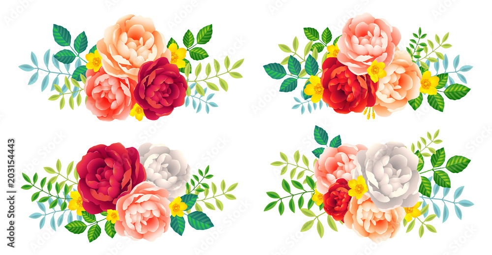 Vector roses rosettes with leaves decorative wedding and holiday elements set isolated on white