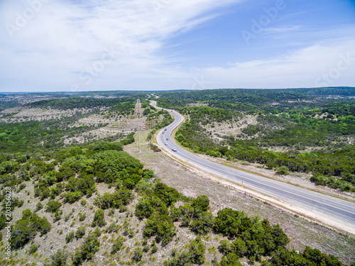 Long Texas Hill Country road taken from the air