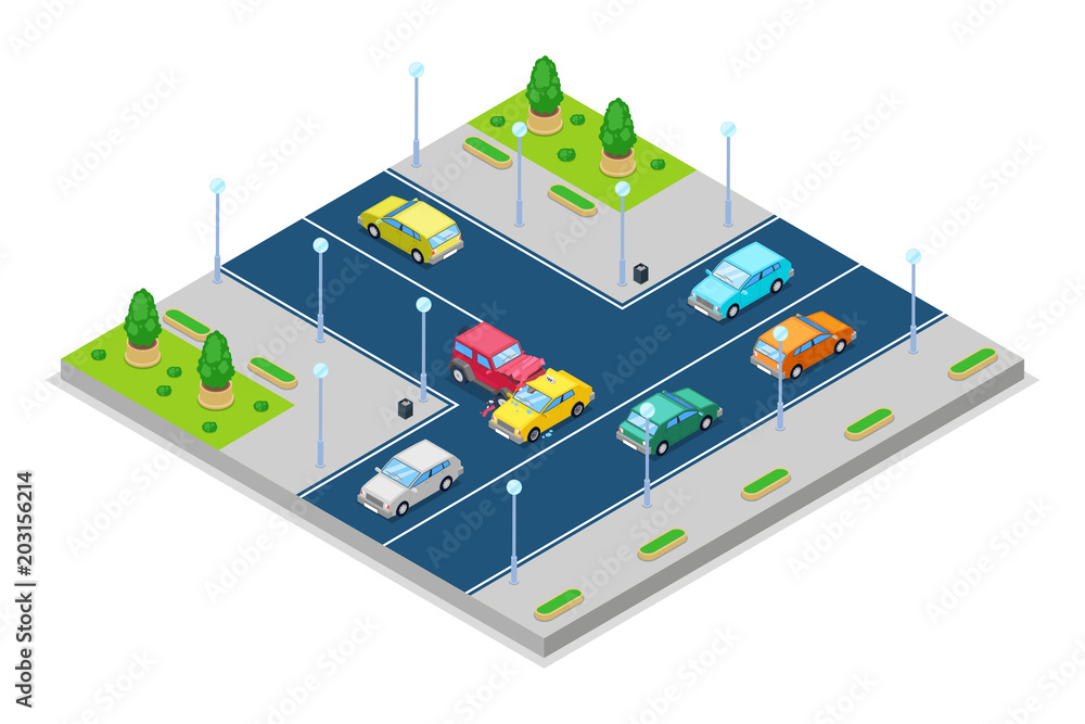 Car accident and crash, vector isometric 3D illustration. Collision at intersection of the main and secondary roads.