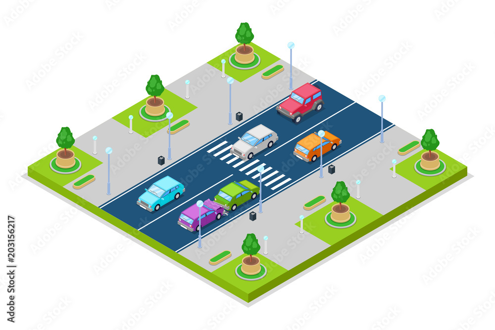Car accident and crash, vector isometric 3D illustration. Collision in front of crosswalk with traffic lights. Car accident and crash, vector isometric 3D illustration. Collision in front of crosswalk with traffic lights.