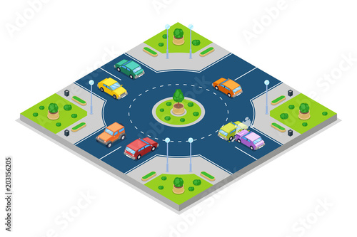 Car accident and crash, vector isometric 3D illustration. Collision at roundabout junction road.