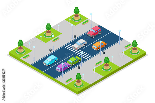 Car accident and crash, vector isometric 3D illustration. Collision in front of crosswalk with traffic lights.