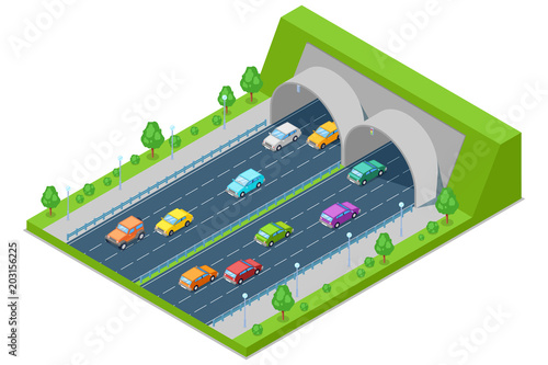 Highway road passes through tunnel in mountain, vector isometric 3D illustration. Transport, road construction concept
