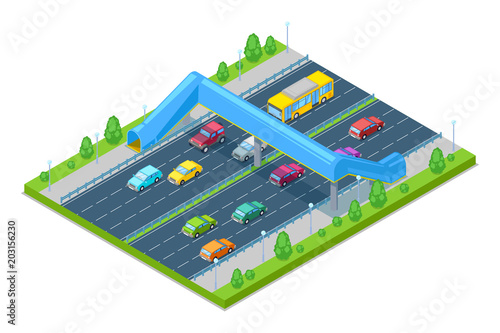Highway and crosswalk bridge for people above the road. Vector isometric 3D illustration. Safety overpass