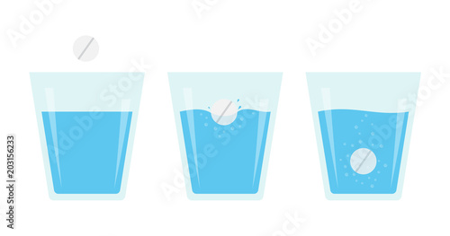 Effervescent pill dissolve in a glass of water. Flat vector illustration of fizzy tablet.