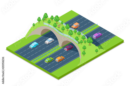 Highway and green bridge for animals above the road. Vector isometric 3D illustration. Save environment and ecology