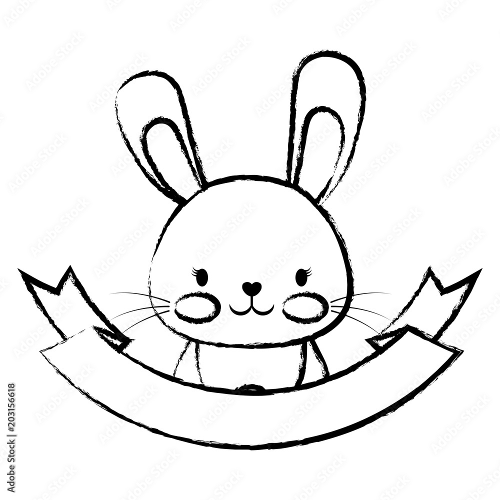 sketch of decorative emblem with cute rabbit and ribbon over white background, vector illustration sketch of decorative emblem with cute rabbit and ribbon over white background, vector illustration