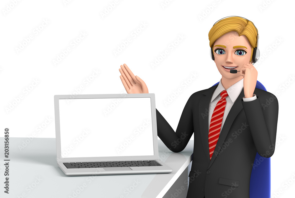 3D illustration character - A business man who talks while watching a note PC. 3D illustration character - A business man who talks while watching a note PC.