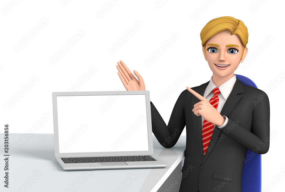 3D illustration character - A business man who talks while watching a note PC. 3D illustration character - A business man who talks while watching a note PC.