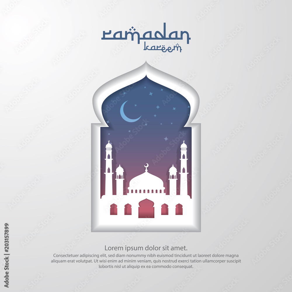 Ramadan Kareem islamic greeting card design with 3D dome mosque element in door or window with paper cut style . background Vector illustration.
