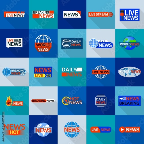 News live breaking label icons set. Flat illustration of 25 news live breaking label vector icons for web
