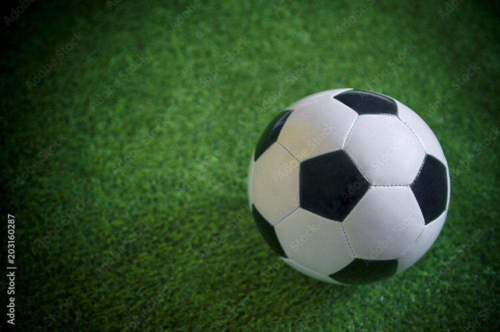 Close up view of a classic black and white football on lush green grass background
