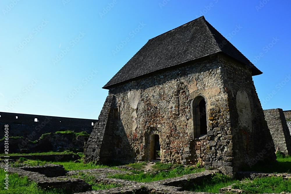 Rebuilded romanesque church on fort Bzovik, former premonstratesian monastery. Located in Krupina region, Slovakia, central Europe