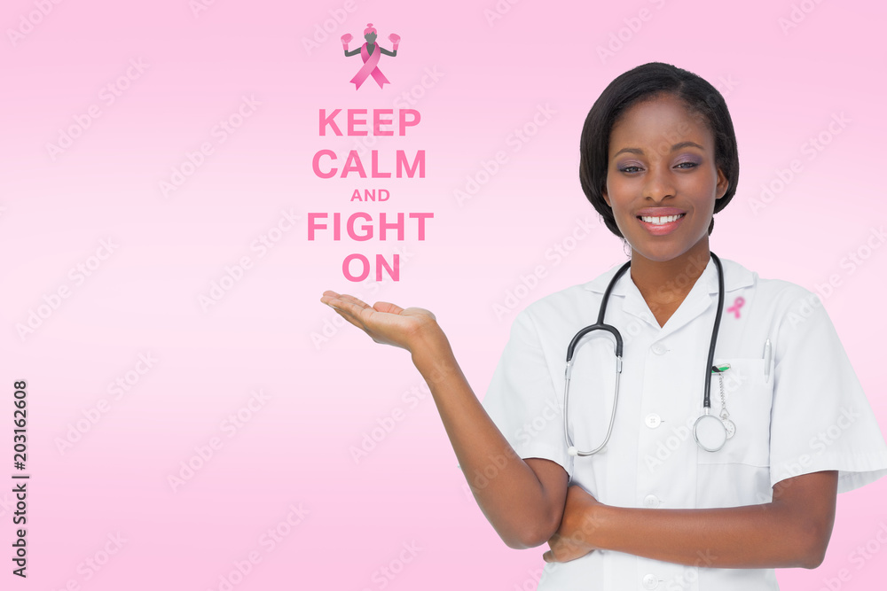 Doctor with breast cancer awareness message for awareness month Doctor with breast cancer awareness message for awareness month