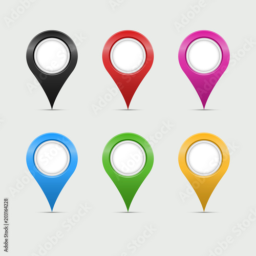 Multicolored Map Markers or Teardrop Pointers. Quality Map Markers Isolated on Grey Background. Realistic 3D Vector Art