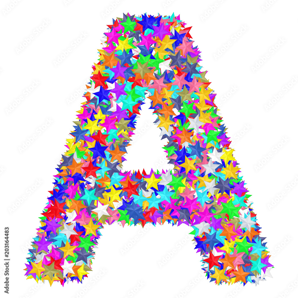 Alphabet symbol letter A composed of colorful stars isolated on white Alphabet symbol letter A composed of colorful stars isolated on white