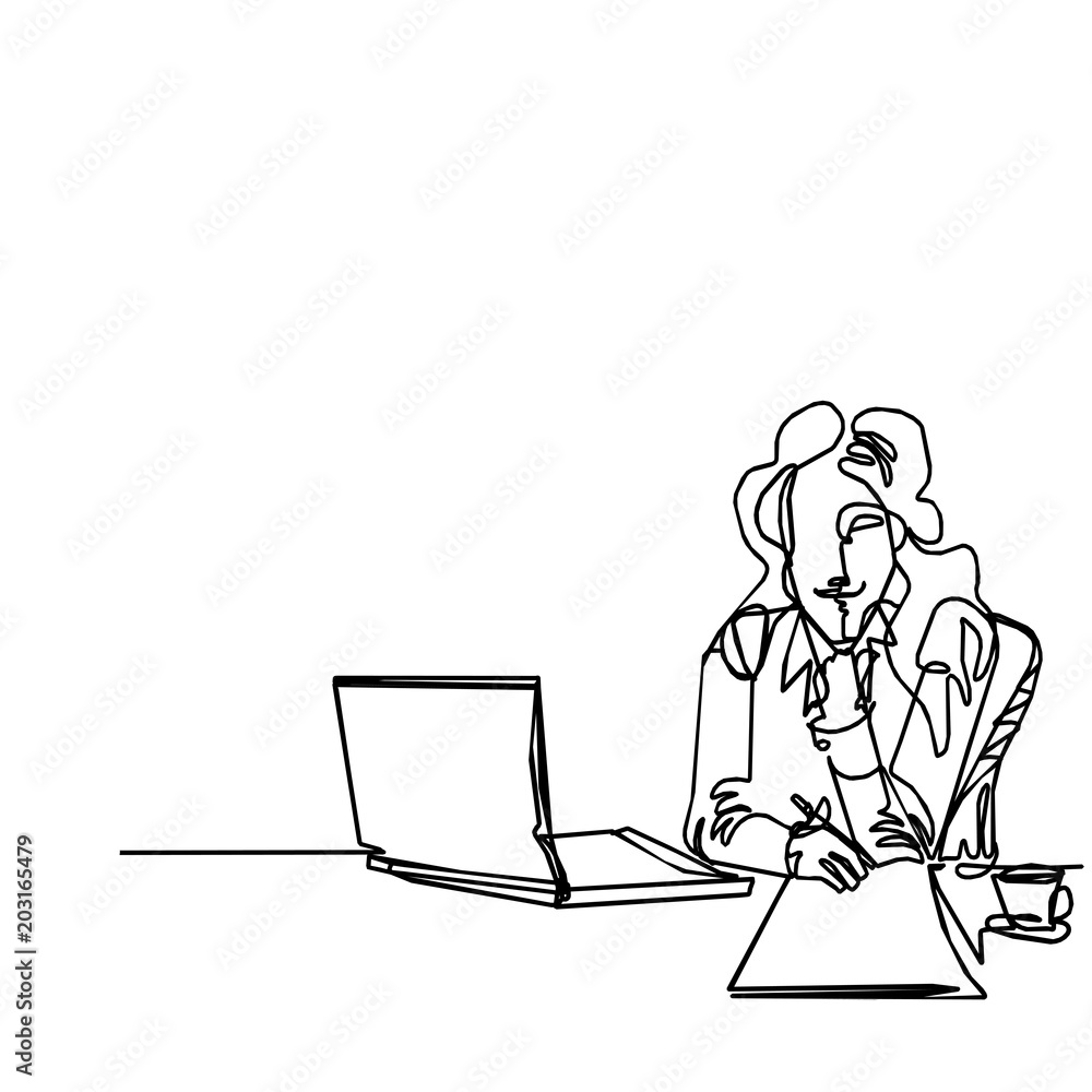 Business woman on the working space continuous line vector drawing. Business vector concept Business woman on the working space continuous line vector drawing. Business vector concept