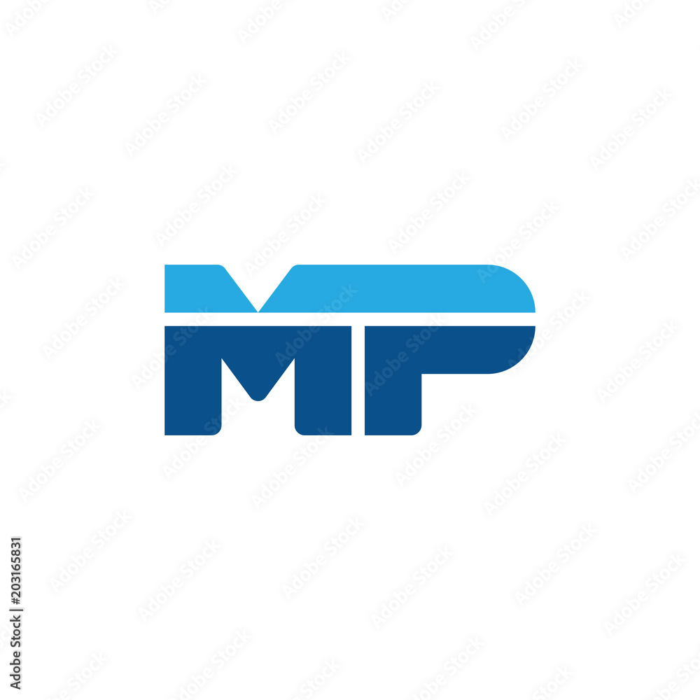 Initial letter MP, straight linked line bold logo, simple flat blue colors Initial letter MP, straight linked line bold logo, simple flat blue colors