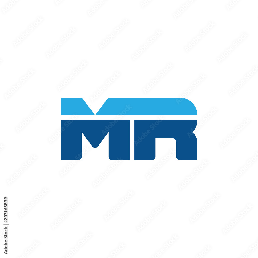 Initial letter MR, straight linked line bold logo, simple flat blue colors Initial letter MR, straight linked line bold logo, simple flat blue colors