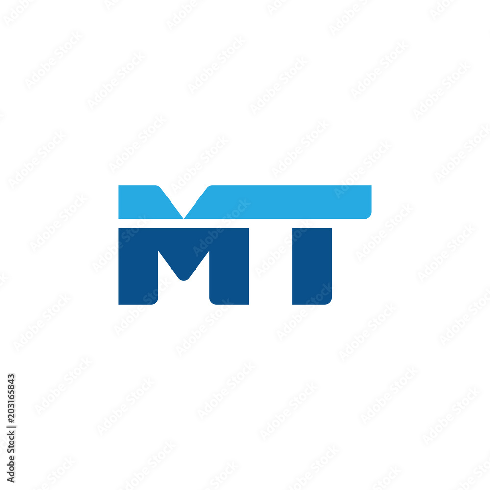 Initial letter MT, straight linked line bold logo, simple flat blue colors Initial letter MT, straight linked line bold logo, simple flat blue colors