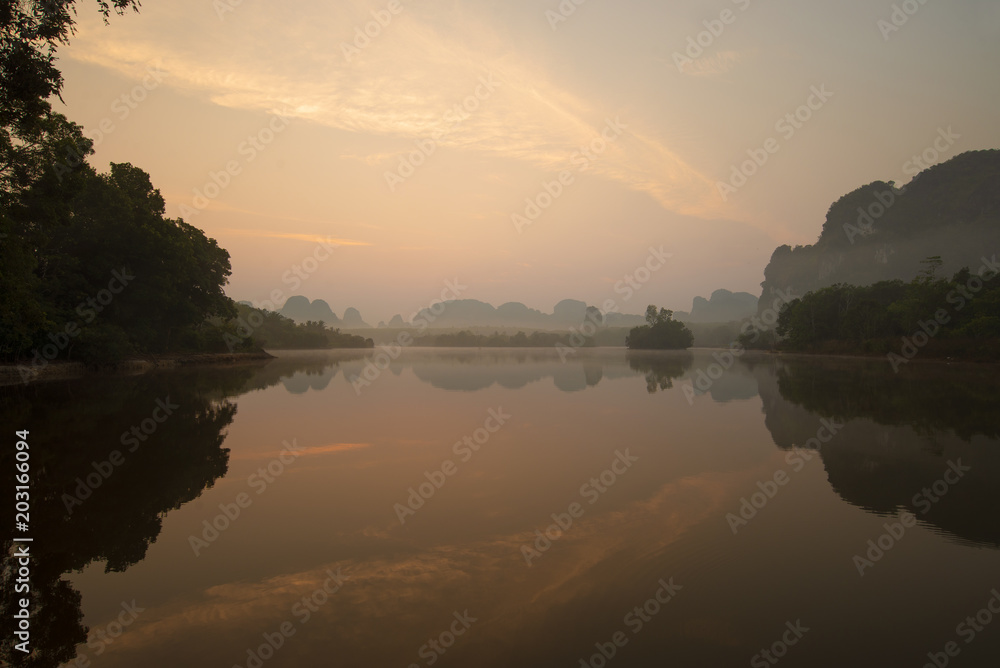 Sunrise in Lake Baan Nong Thale in Krabi, Thailand.