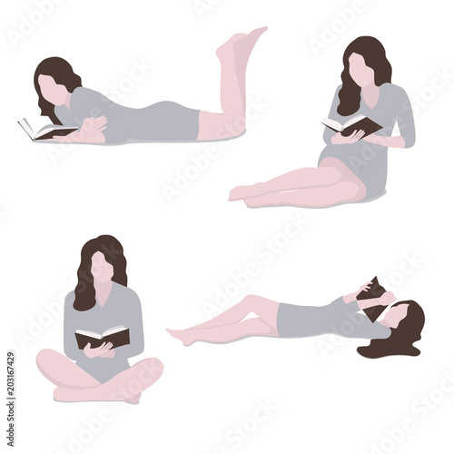 Girl reading a book. Collection of different poses. Vector illustration