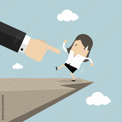Boss hand pushes businesswoman to make him fall from cliff.