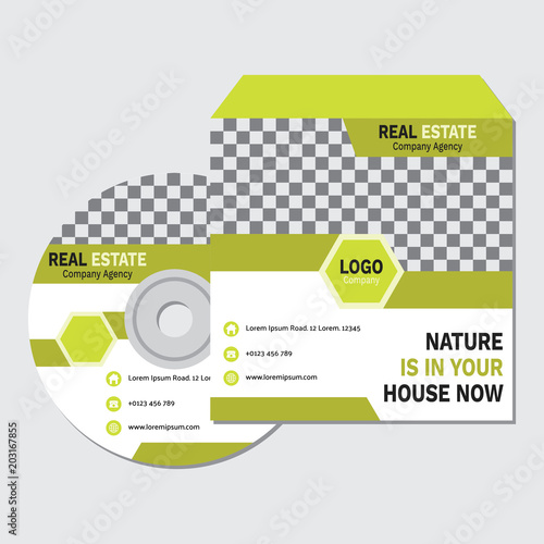 Real Estate business CD promotion cover template vector design with natural green color illustration