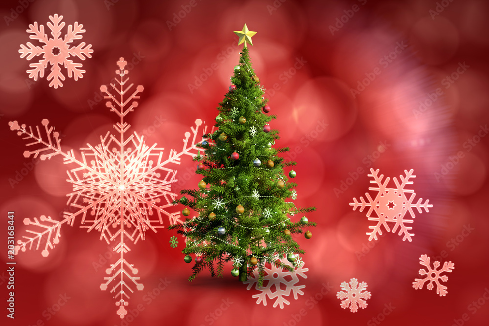 Christmas tree on white background against red snow flake pattern design Christmas tree on white background against red snow flake pattern design