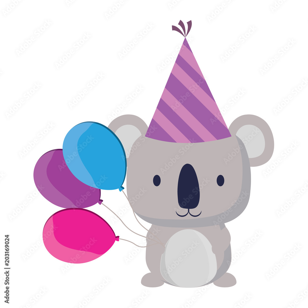 happy birthday design with cute koala with birthday hat and balloons over white background, vector illustration