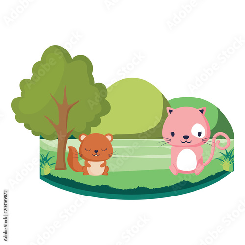 landscape with cute cat and squirrel over white background, colorful design. vector illustration