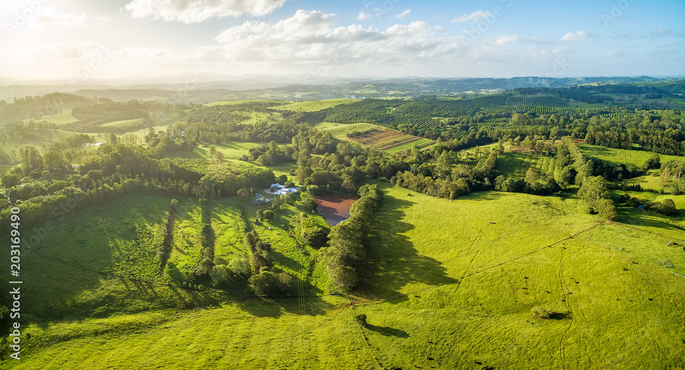 Aerial panorama - meadows and pastures at sunset