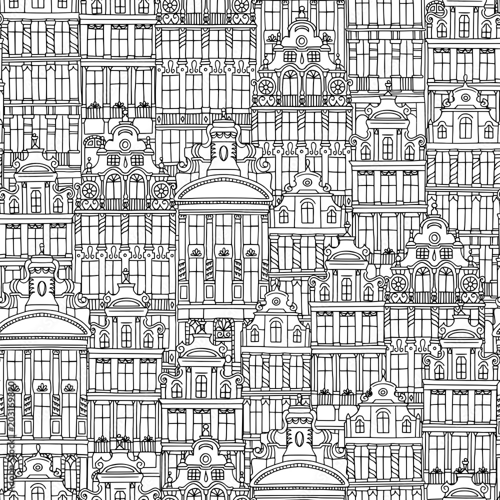 Hand drawn seamless pattern of Belgian houses