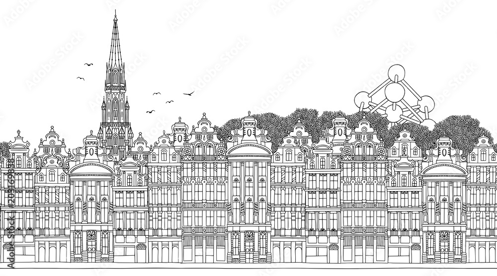 Brussels, Belgium - Seamless banner of the city’s skyline, hand drawn black and white illustration