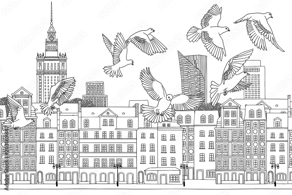 Naklejka premium Ptaki nad Warszawą - ręcznie rysowane czarno-białe ilustracja miasta ze stadem gołębi