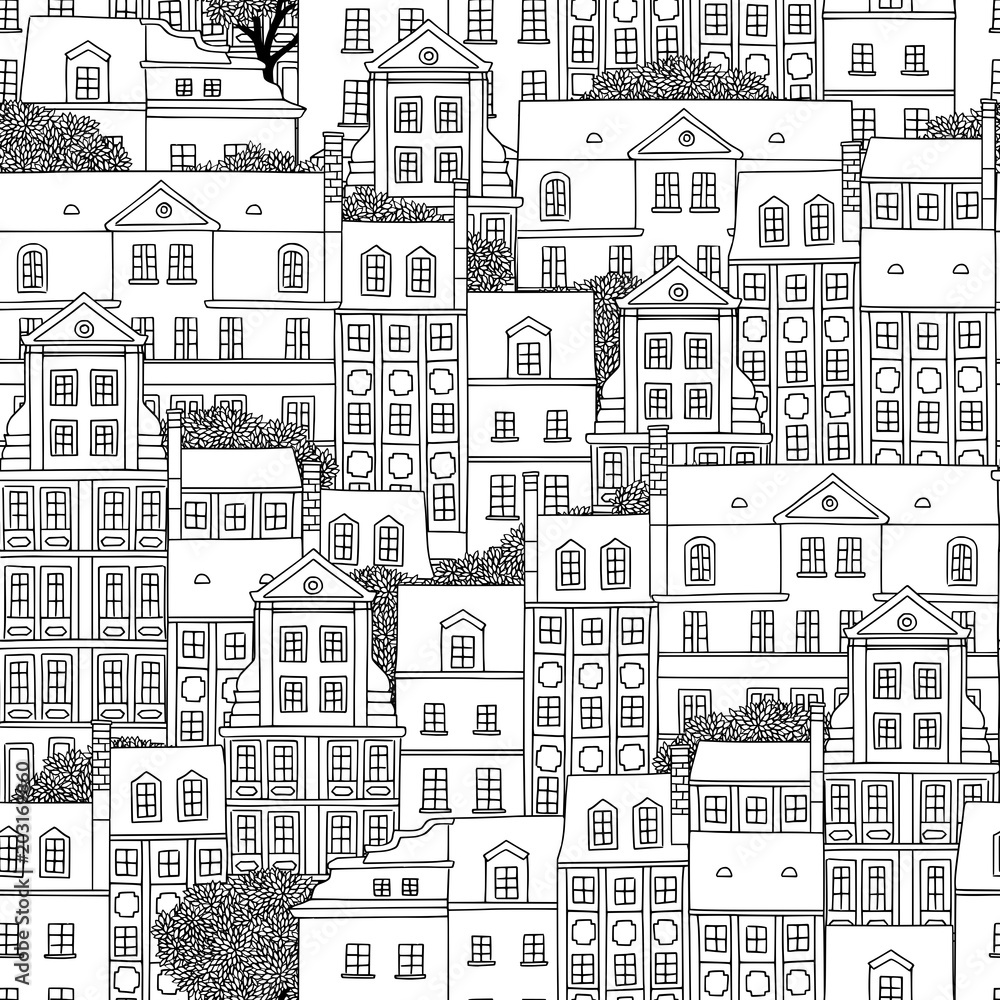 Hand drawn seamless pattern of Polish houses with trees