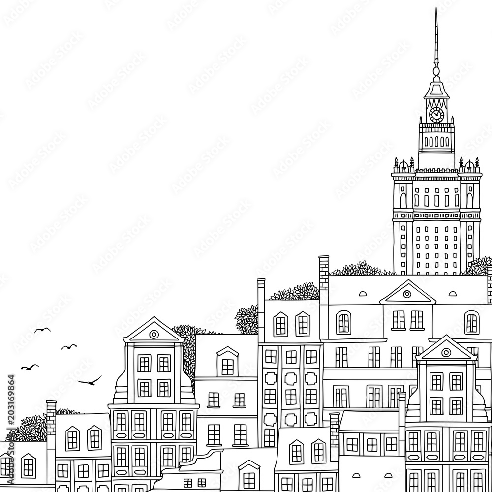 Hand drawn black and white illustration of Warsaw, Poland with empty space for text