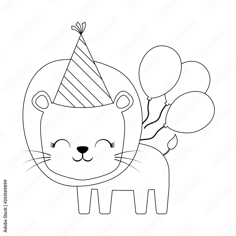 happy birthday design with cute lion with birthday hat and balloons over white background, vector illustration happy birthday design with cute lion with birthday hat and balloons over white background, vector illustration
