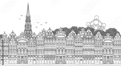 Brussels, Belgium - Seamless banner of the city’s skyline, hand drawn black and white illustration