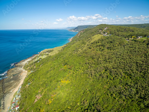 Aerial view of rugged coastline on Grand Pacific Drive. Sydney, Australia