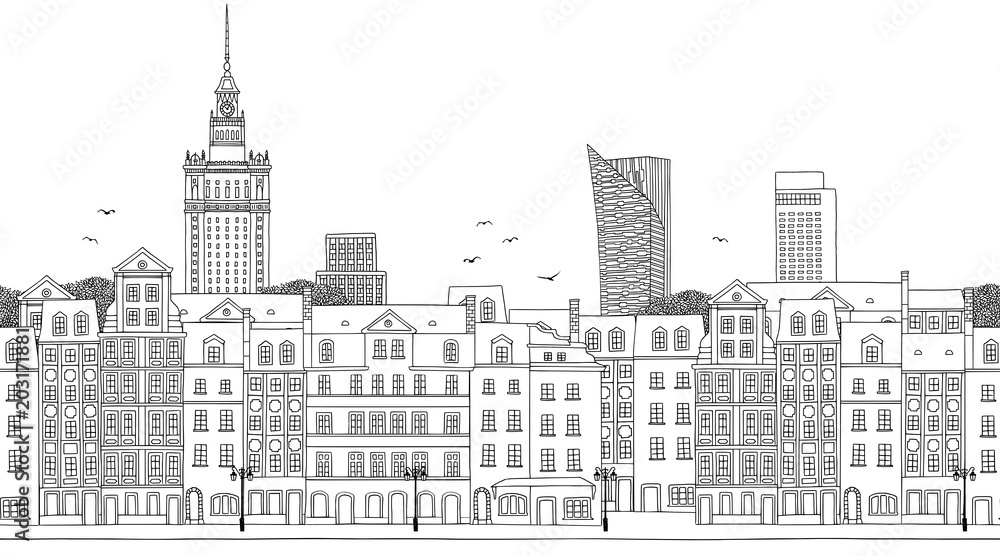 Warsaw, Poland - Seamless banner of the city’s skyline, hand drawn black and white illustration