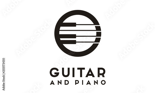 Guitar Strings and Piano Key Music Instrument logo design 