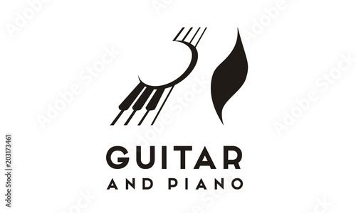 Guitar Strings and Piano Key Music Instrument logo design 