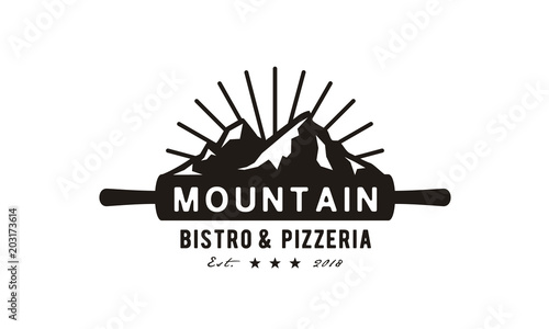 Pizza Rolling Pin, Pizzeria and Mountain Landscape Vintage Retro logo design 