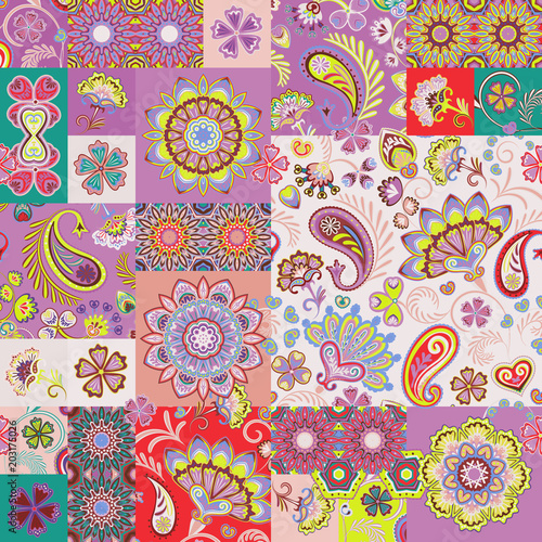 Patchwork pattern. Vintage decorative elements. Hand drawn background. Islam, Arabic, Indian, ottoman motifs. Perfect for printing on fabric or paper.