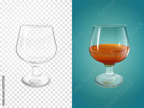 Cognac 3D vector illustration of realistic crockery for brandy cognac. Isolated transparent glasses or glassware mockup template models set with half of alcoholic drink whisky or whiskey