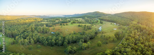 Aerial panorama of sunset over rural area in NSW  Australia